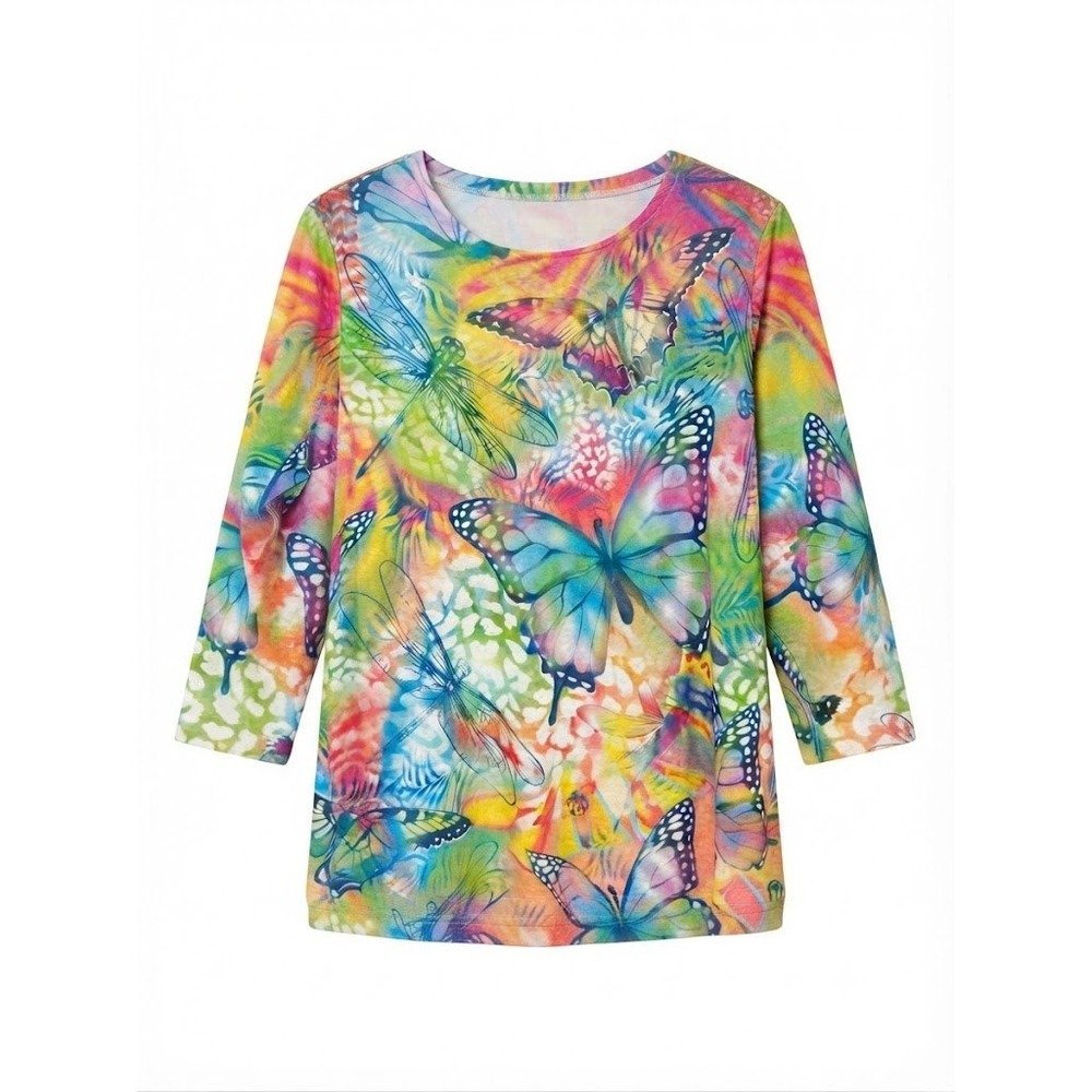Ali Miles Womens 2X Rainbow Butterfly Dragonfly 3/4 Sleeve Soft Knit Shirt - Picture 8 of 10